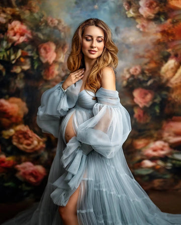 Mqtime Gorgeous Dusty Blue Tulle Maternity Dresses for Photoshoot Lush Layered Mesh Pregnant Women Photography Dress Maternity Gowns